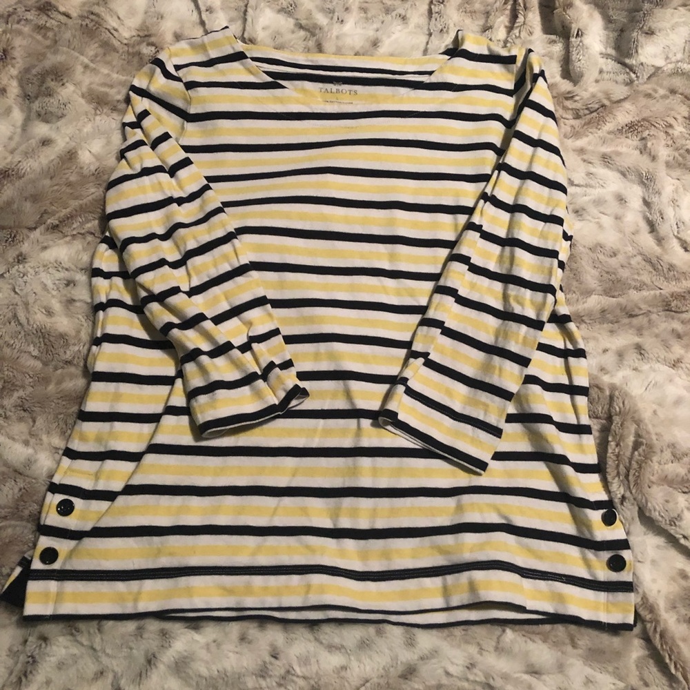 Talbots Yellow Navy and White Breton Stripe Button Detail 3/4 Sleeve Top Size L